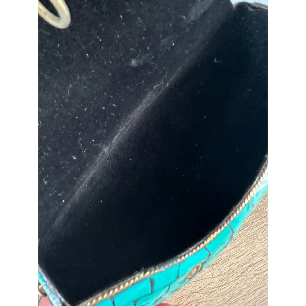 Vintage Turquoise Mosaic Tile Purse Coral Stone Inlay Crossbody Gold Chain Bag